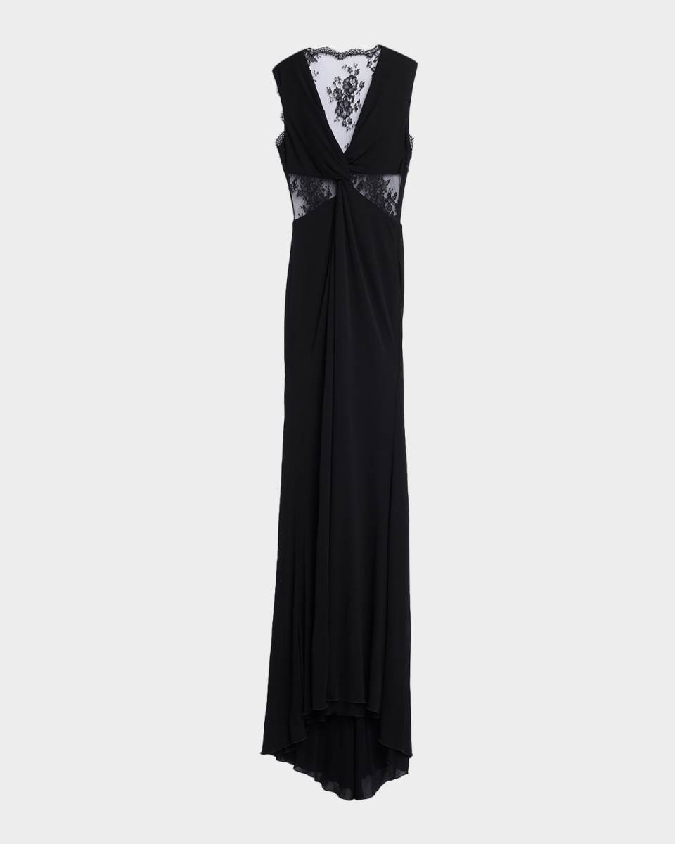 Twisted Plunging Lace-Inset Sleeveless Gown